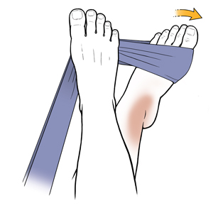 View of the top of the feet doing a resisted ankle inversion exercise with a exercise band. 