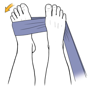Top view of feet showing a resisted ankle eversion exercise with an exercise band. 