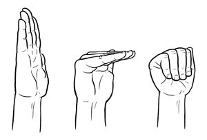 View of a hand doing a tendon glide exercise in three steps. 