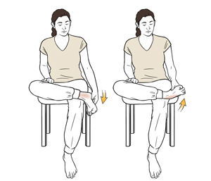 Woman sitting on chair with one ankle resting on opposite knee doing ankle exercises in two poses.