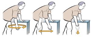 Man bending forward with one hand on table for support, doing shoulder exercise by swinging arm in circle, front to back, and side to side.