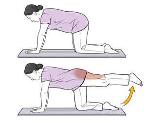 Woman on all fours with back straight and one leg extended.