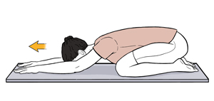 Woman doing child's pose exercise on a mat. 