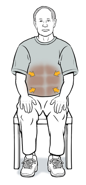 Man sitting in chair with hands on knees doing abdominal bracing.