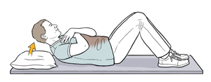 Man lying on back with knees bent, feet flat on floor, and arms crossed on chest, raising head and shoulders off floor for partial sit-up exercise.