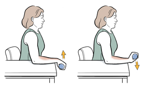 Woman sitting in chair with arm on table doing a wrist extension exercise with a hand weight.