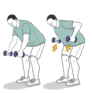 Man bent at the waist doing row exercise with dumbbells. 