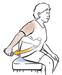 Seated woman doing triceps curls with hand weight.