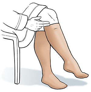 Woman sitting in chair measuring two fingers between top of compression stocking and bend of knee.