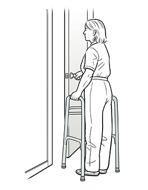 Woman with walker pulling door open.