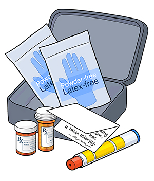Latex allergy kit including case, written note, epi pen, pill bottles and gloves.