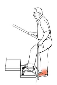 Man using cane to go up stairs, showing him step up first with stronger leg.